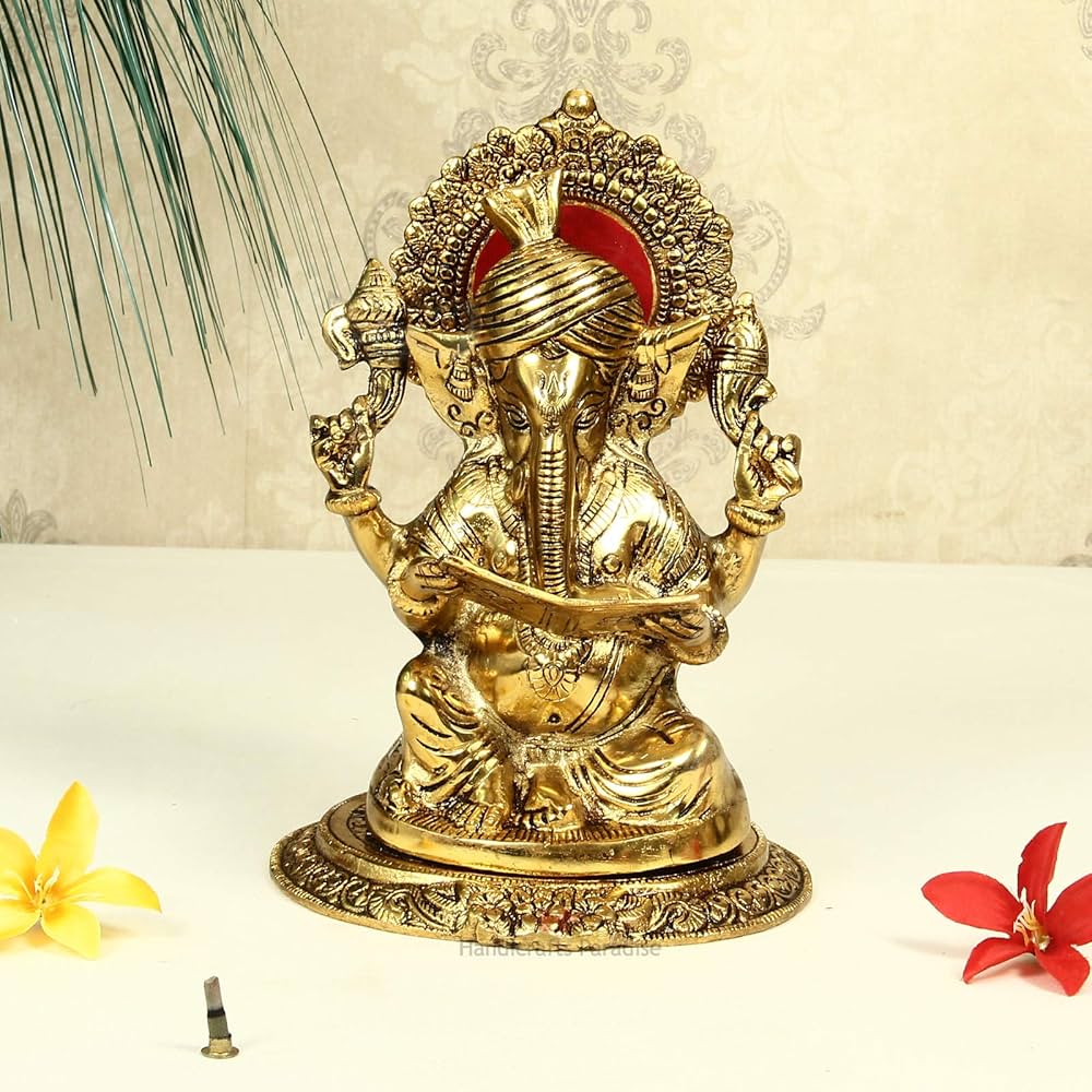 White Metal Gold Plated Big Size Ganesha Reading Book Showpieces for Home Decor and Gift Purpose - Image 3