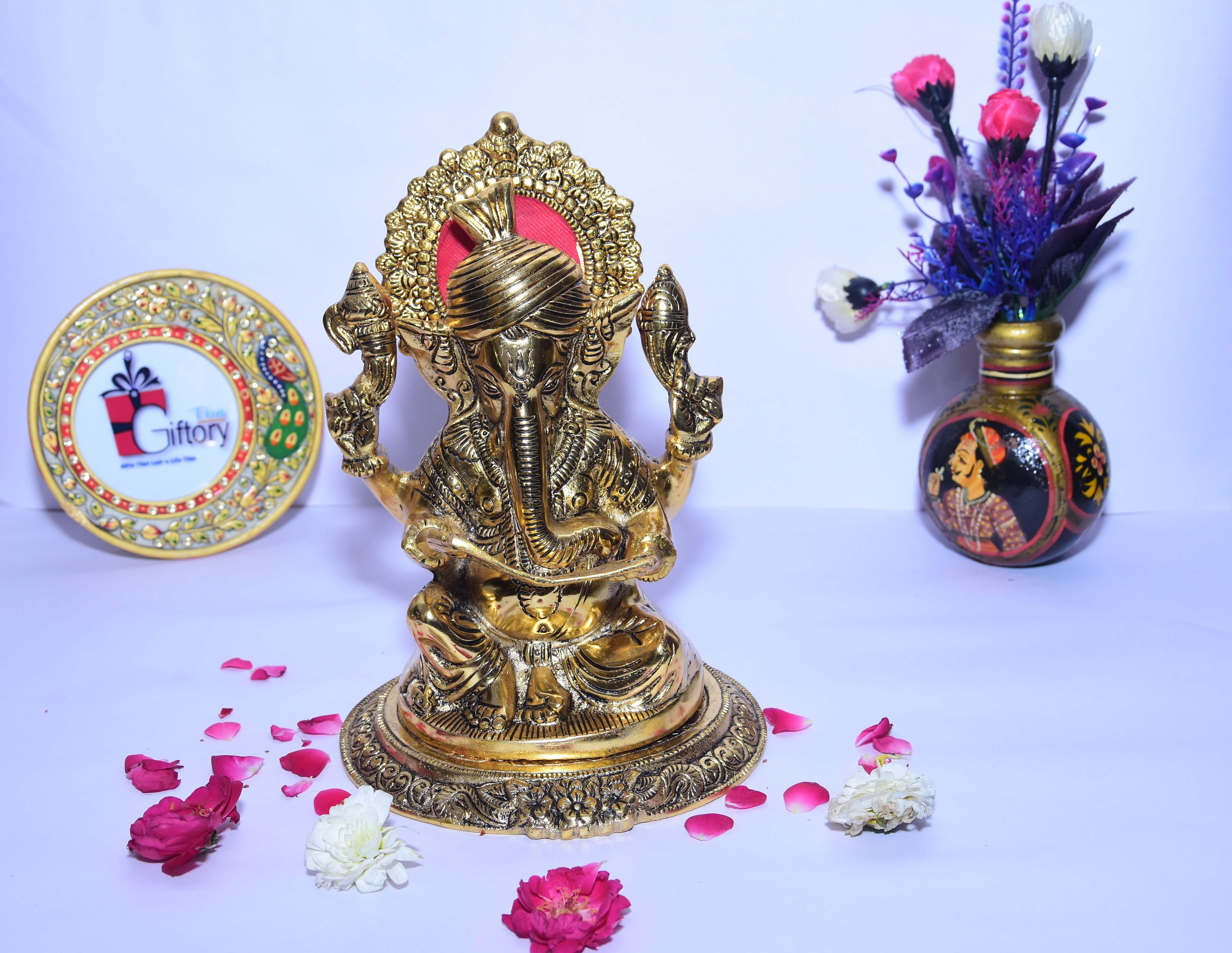 White Metal Gold Plated Big Size Ganesha Reading Book Showpieces for Home Decor and Gift Purpose