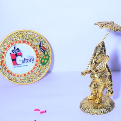 Lord Ganesha Holding Umbrella Metal Showpiece Metal Showpiece