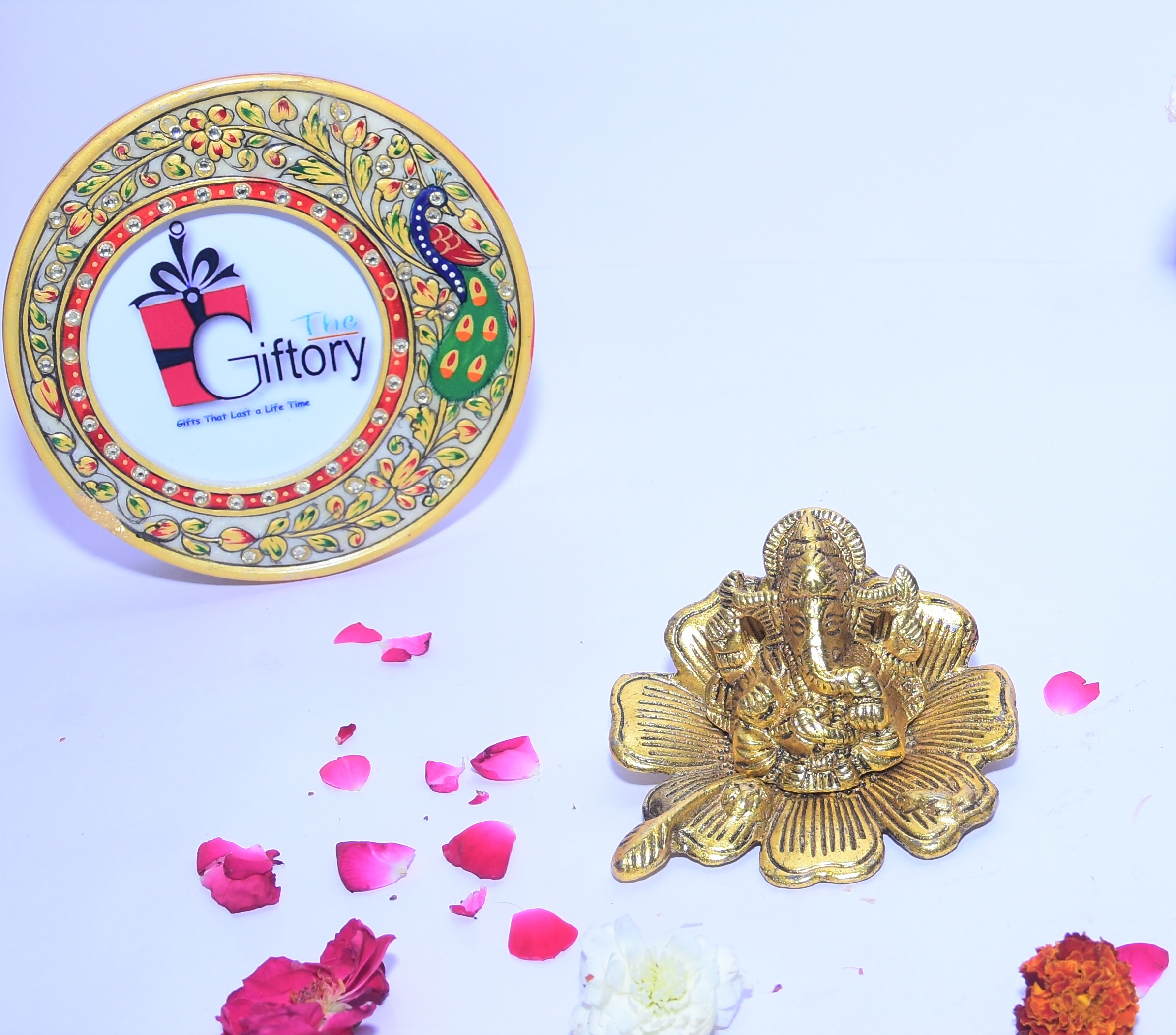 Buy Golden Color Metal Lord Ganesh On Flower for Puja Ganesha Vastu Figurine
