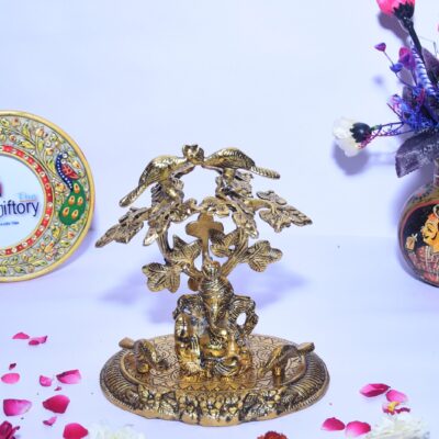 Golden Brass Metal Lord Ganesh with Riddhi Siddhi Under Tree Handicraft Idol for Home Décor | Gift Item