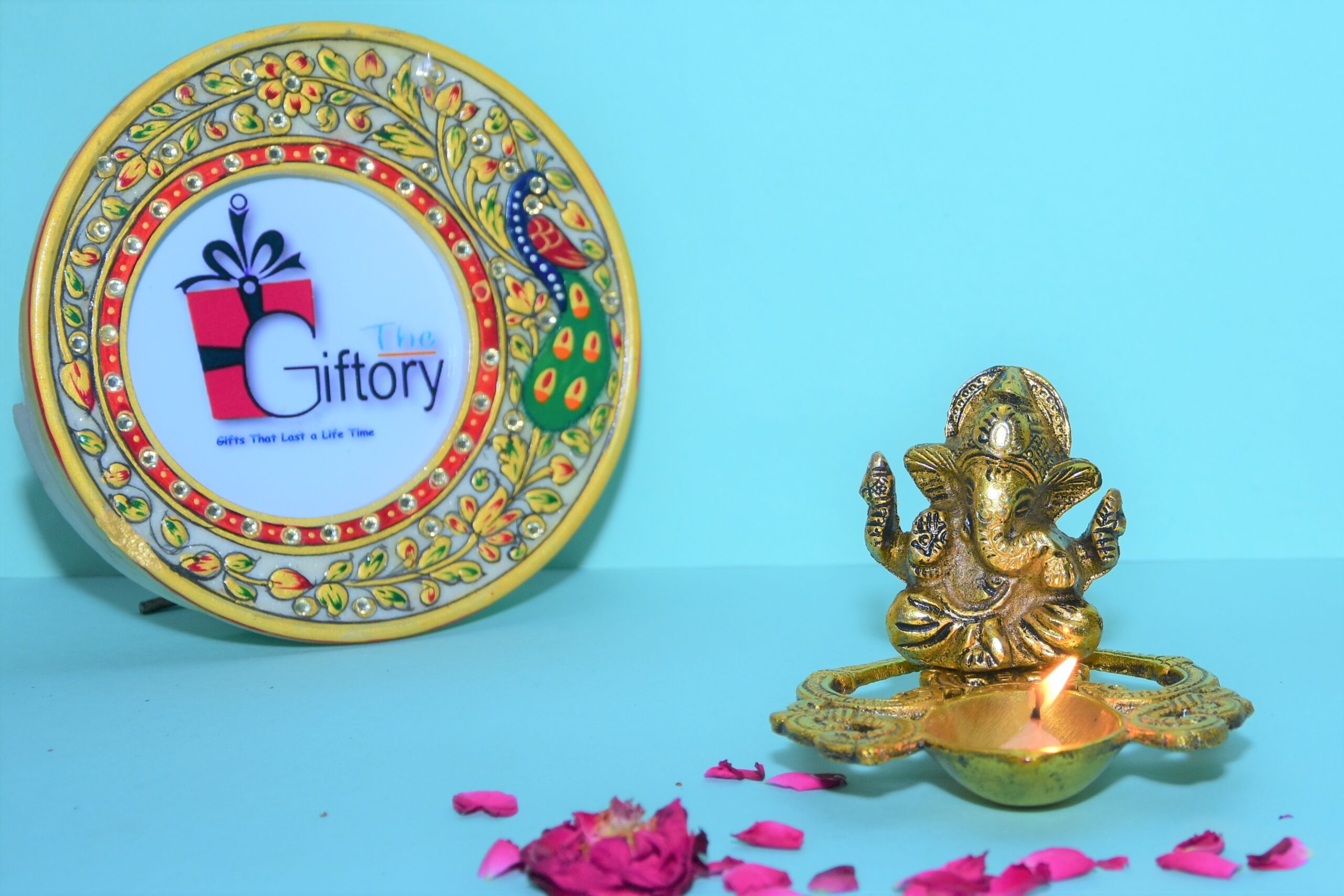 Lord Ganesha Brass Diya with Plate – Decorative Pooja Showpiece for Diwali, Home Temple & Gifting