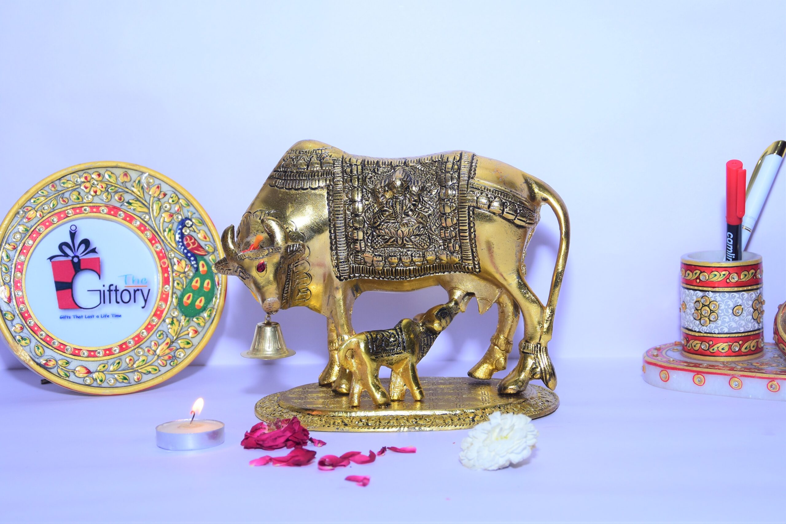 Metal-Brass Kamdhenu Cow with Calf Idol (Murti)