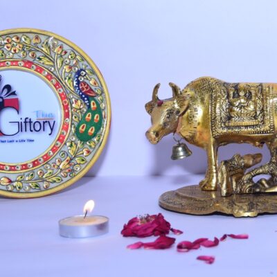 Metal Gold Plated Cow and Calf Idol with Krishna for Pooja