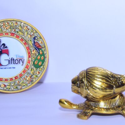 Metal Shankh Placed On Tortoise Decorative Showpiece