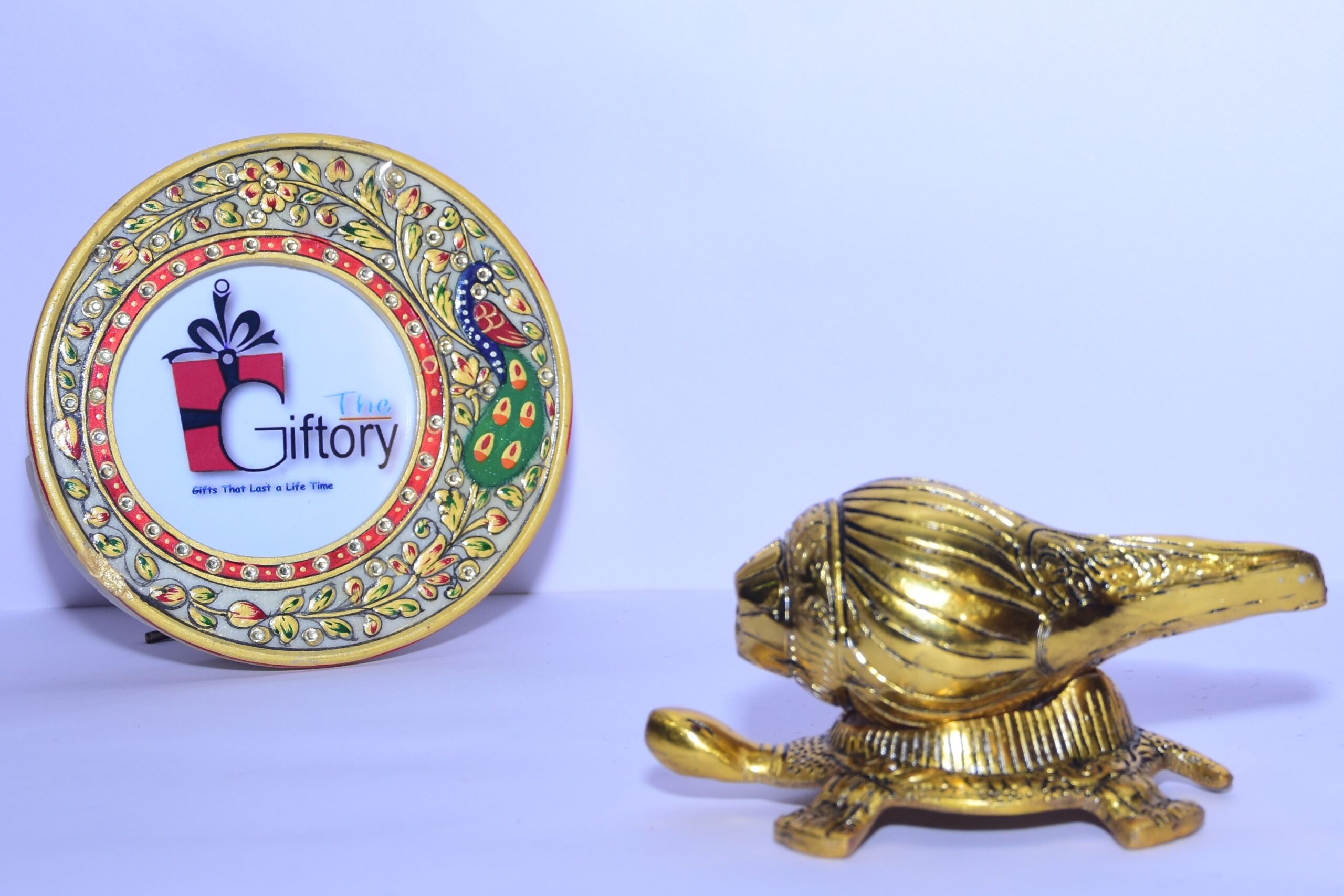 Metal Shankh Placed On Tortoise Decorative Showpiece