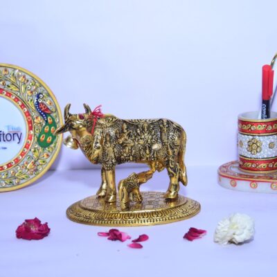 Kamdhenu Cow with Calf Metal Statue