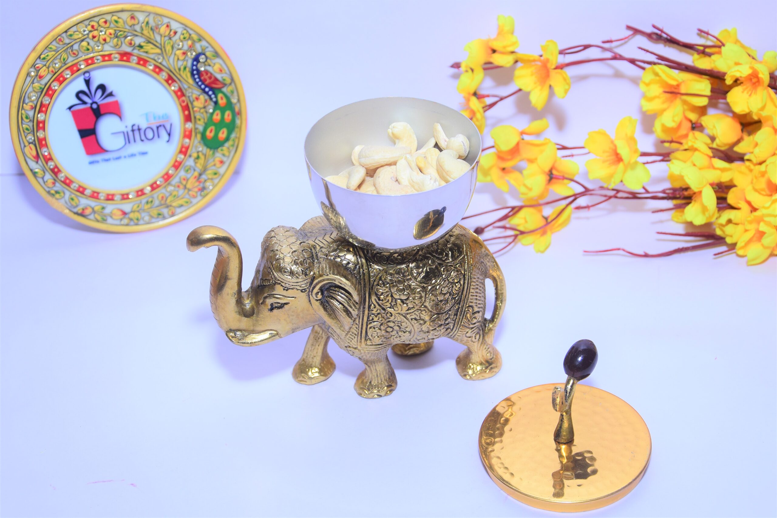 Metal Elephant Dry Fruit Bowl Showpiece - Gold Polish | Decorative Bowl & Gift Idea