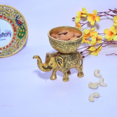 Metal Elephant Dry Fruit Bowl Showpiece Golden Color