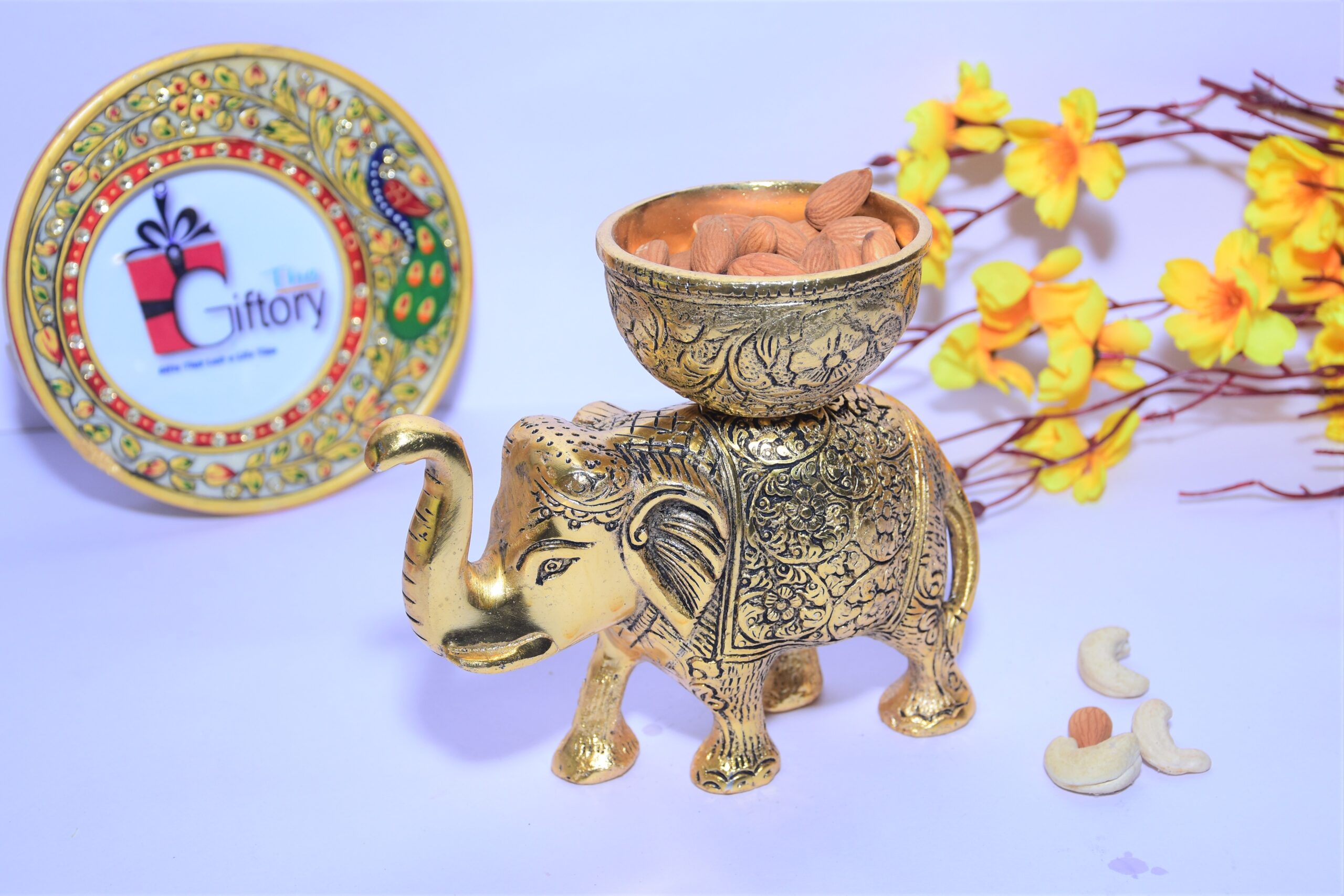 Metal Elephant Dry Fruit Bowl Showpiece Golden Color