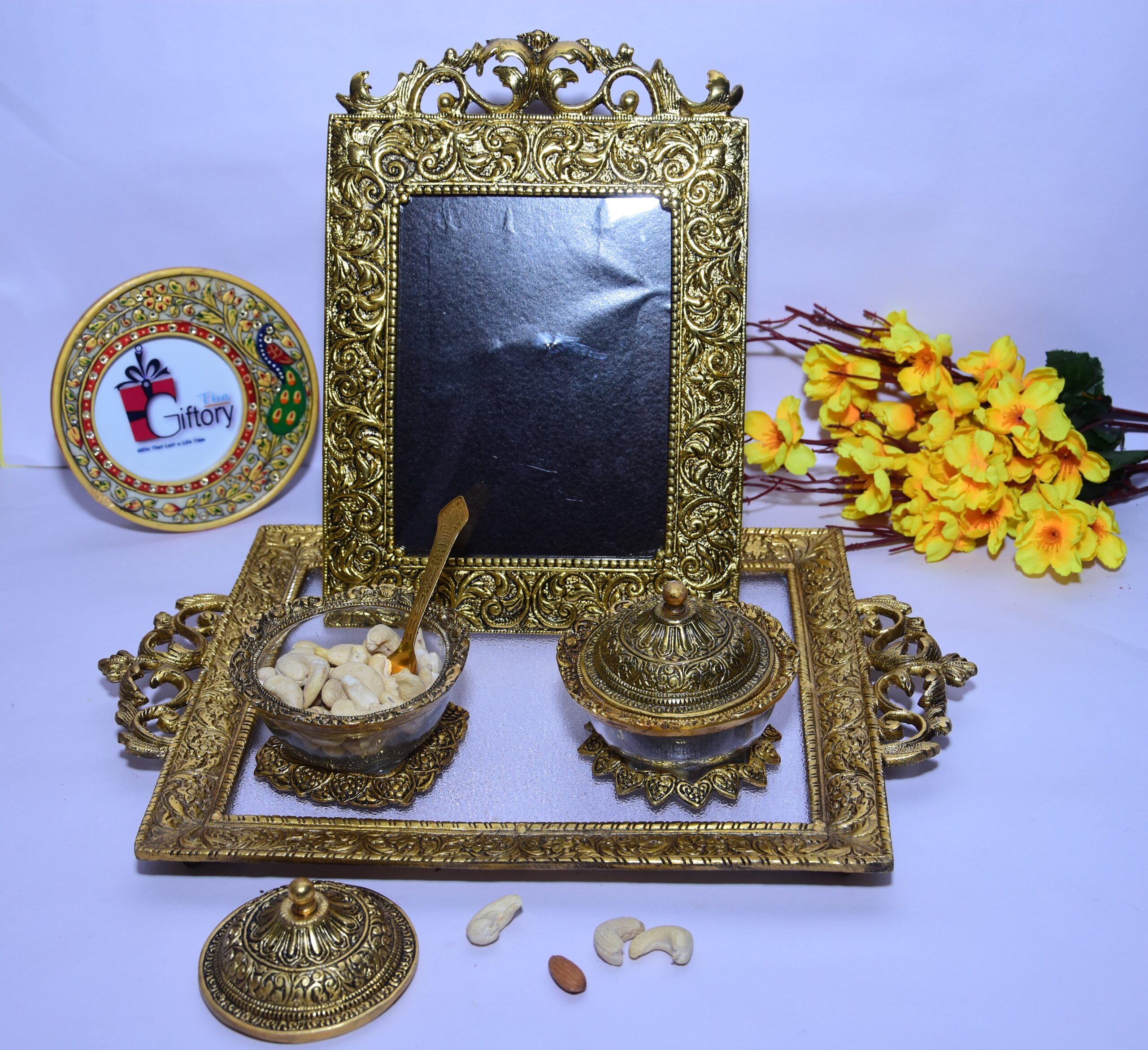 Buy 2 Dry Fruit Jar With a Tray & Photo Frame Combo Set Golden Color