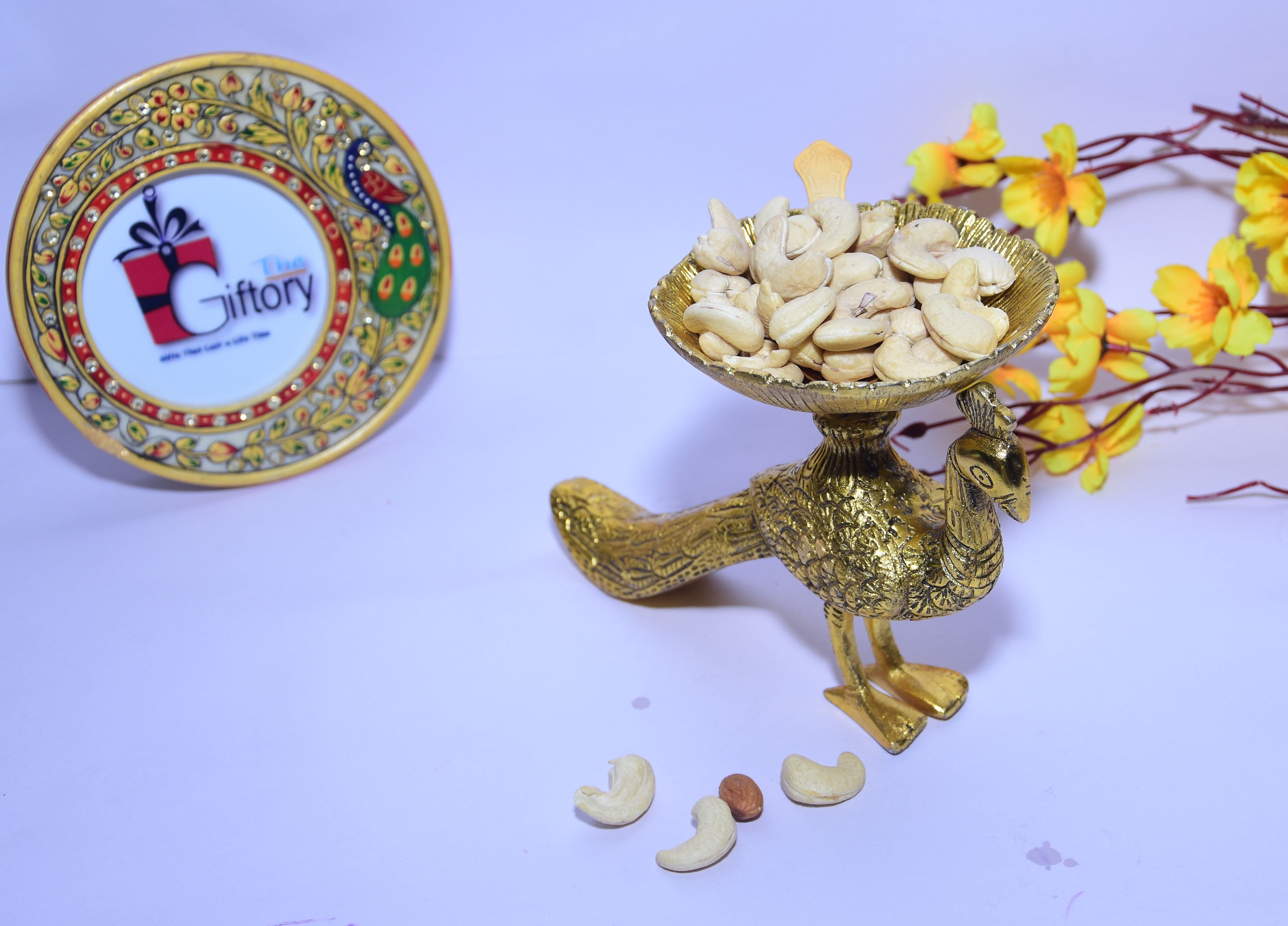 Metal Decoractive Showpiece Gold Peacock Shape Dry Fruit Serving Tray/plats, Snacks, Floating Flowers for Home Decoration Table Dining