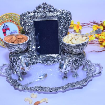 Buy 2 Elephant Dry Fruit Serving Bowl With a Tray & Photo Frame Combo Silver Color