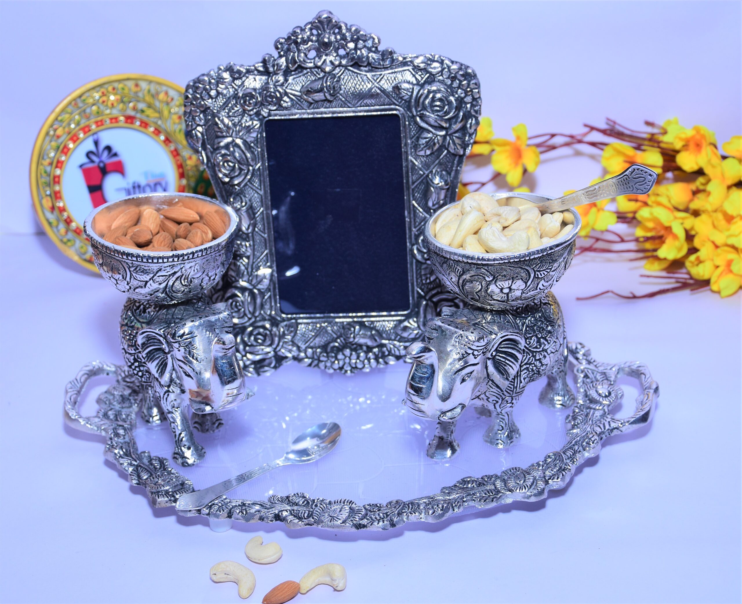 Buy 2 Elephant Dry Fruit Serving Bowl With a Tray & Photo Frame Combo Silver Color