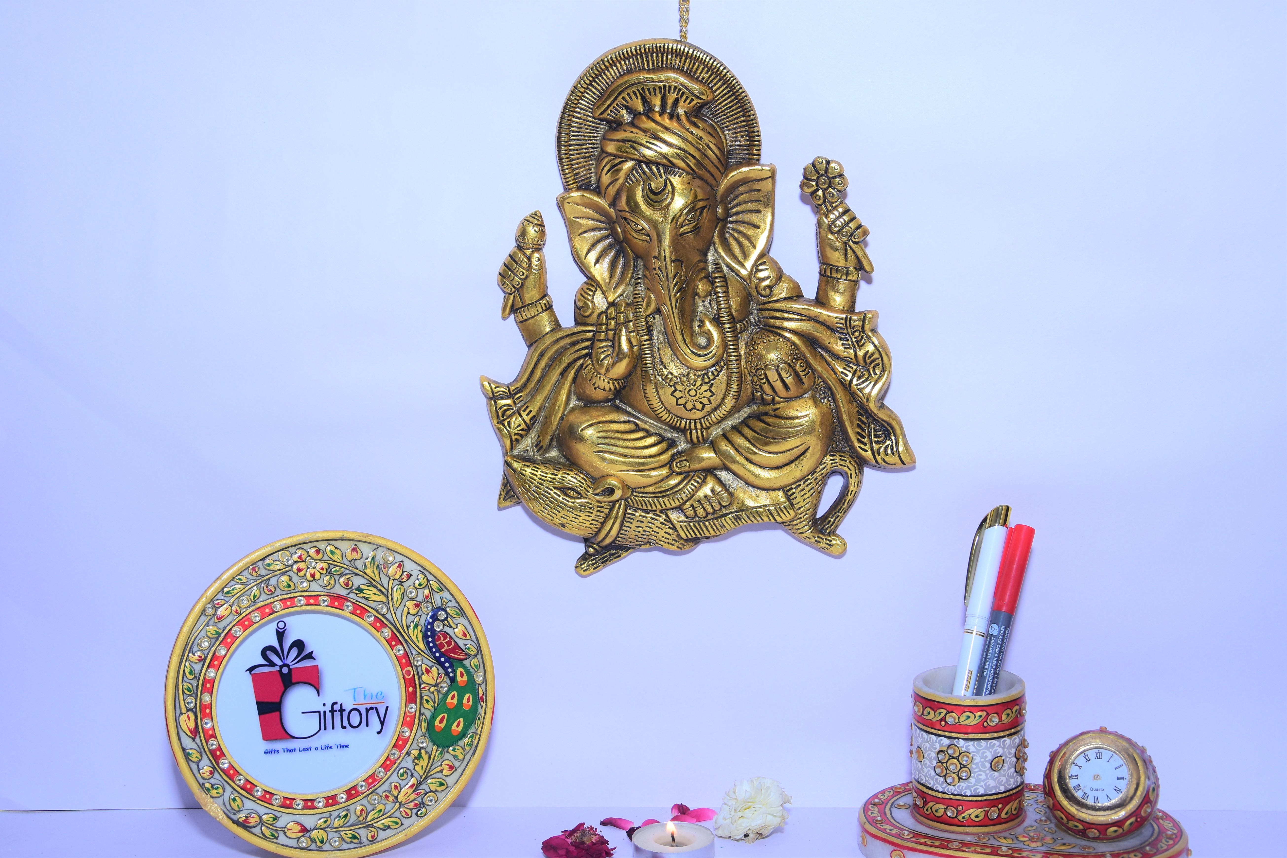 Metal Wall Door Hanging of Ganesha: Magnificent Large Plaque of Ganapathi or Vinayaka On Mouse