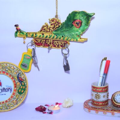 METAL Antique Key Holder 3 pin | Lord Krishna's Flute & Peacock Quills Jai shree Krishna For Home & Office | chabi stand | Home Decor | wall hangings | gift item | Wall Keys Rack Hook, Key Hanging Hooks| key hanger | key holder key stand for home | key satand | key chain