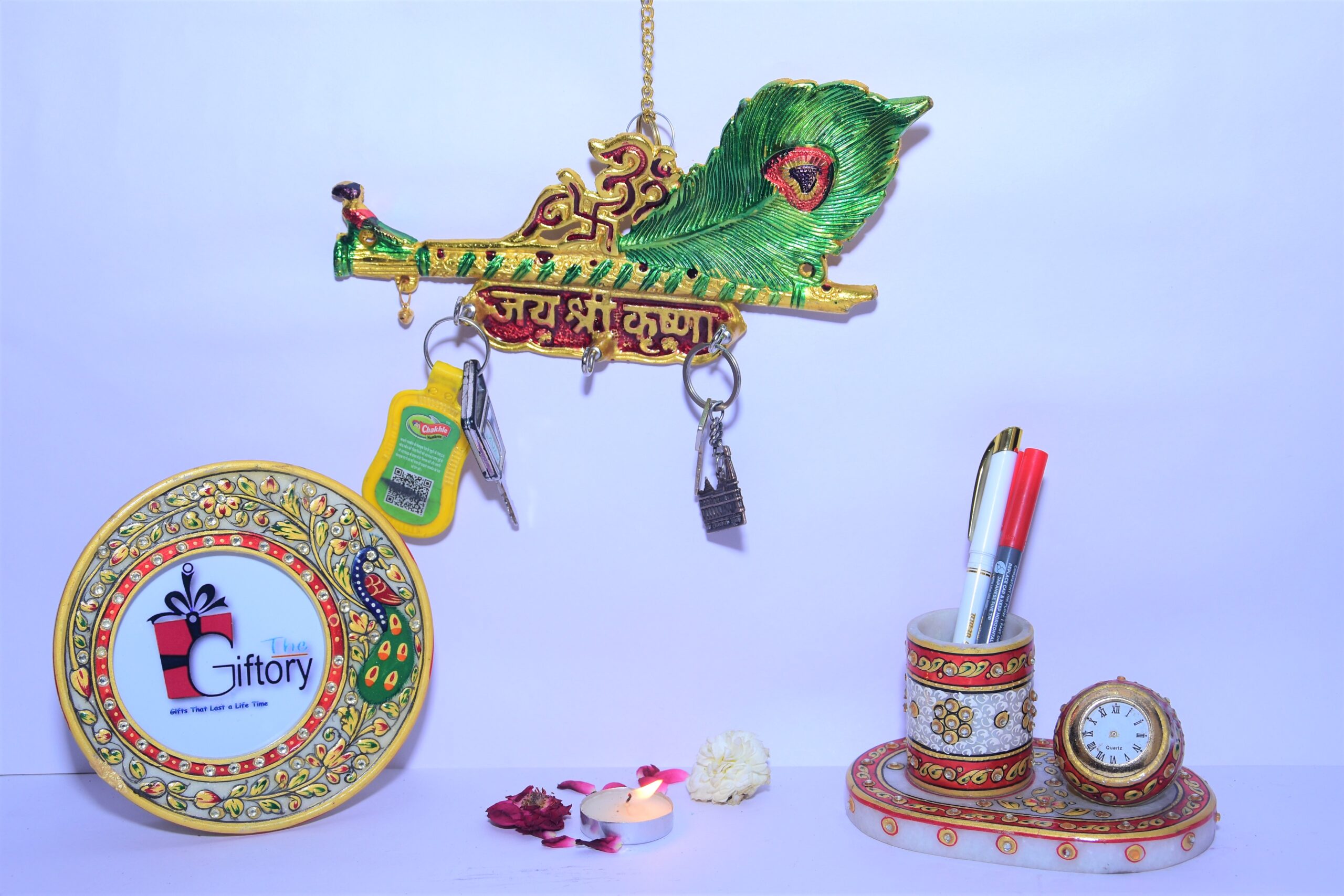 METAL Antique Key Holder 3 pin | Lord Krishna's Flute & Peacock Quills Jai shree Krishna For Home & Office | chabi stand | Home Decor | wall hangings | gift item | Wall Keys Rack Hook, Key Hanging Hooks| key hanger | key holder key stand for home | key satand | key chain