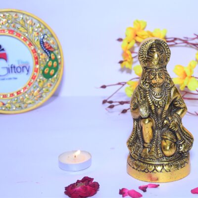Metal Handcrafted Hanuman ji Statue Sitting Idol for Pooja Home Temple Bajrangbali Murti Gift Article Decorative Showpiece - Golden