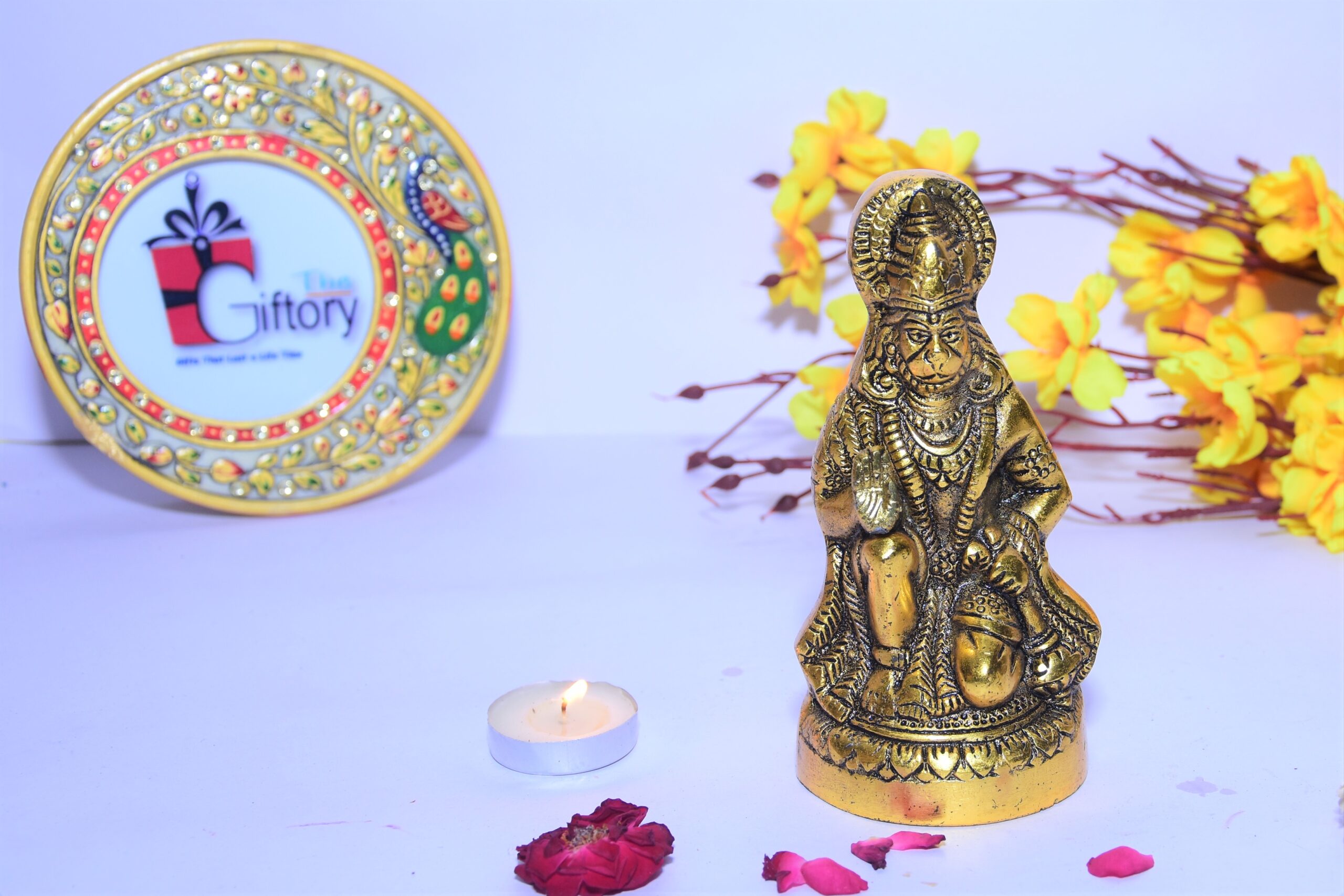 Metal Handcrafted Hanuman ji Statue Sitting Idol for Pooja Home Temple Bajrangbali Murti Gift Article Decorative Showpiece - Golden