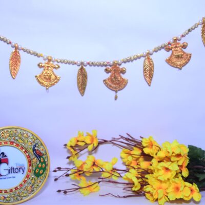 Metal Golden Designer Shree Ganesha Namah Kalash Leaf Shubh-Labh Pearl Beads Toran for Main Door Latest Home Decoration Hanging Handmade Bandarwal