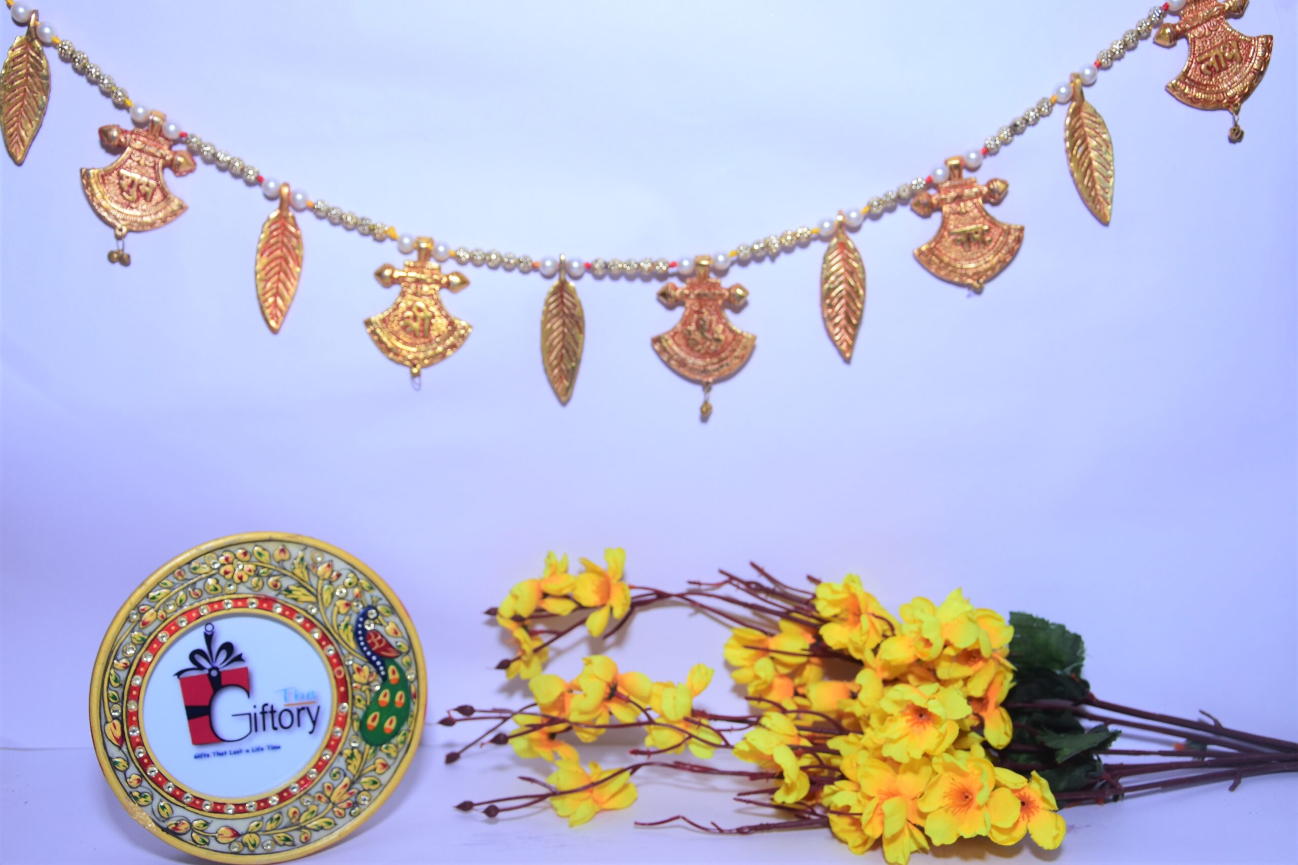 Metal Golden Designer Shree Ganesha Namah Kalash Leaf Shubh-Labh Pearl Beads Toran for Main Door Latest Home Decoration Hanging Handmade Bandarwal