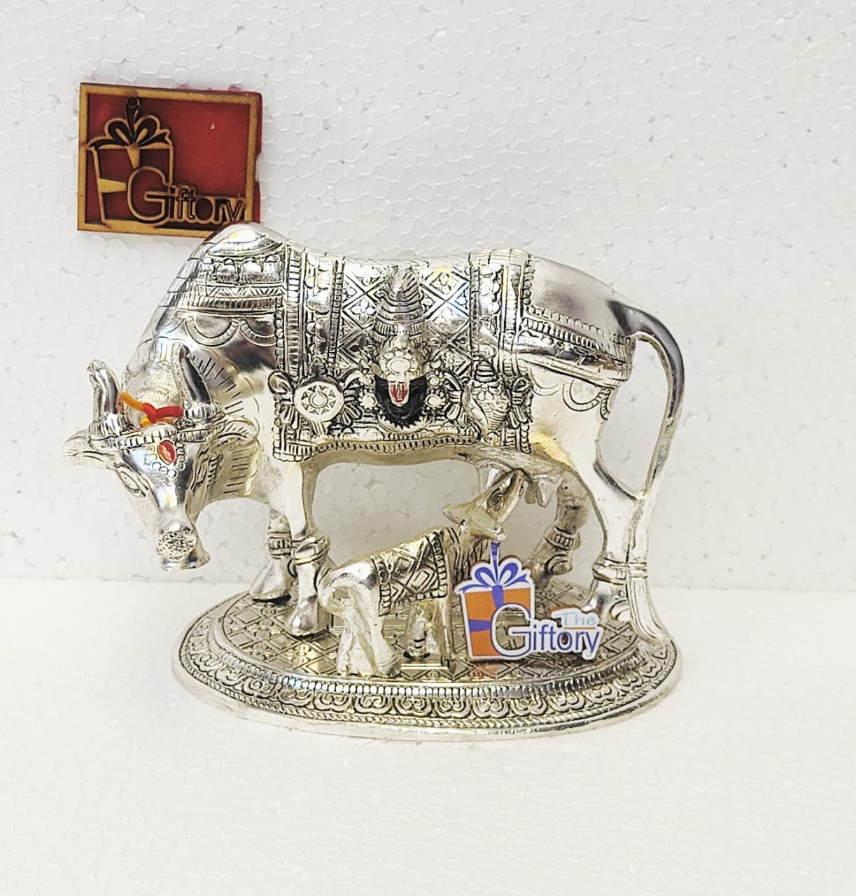 Silver Kamdhenu Cow with Calf Idol