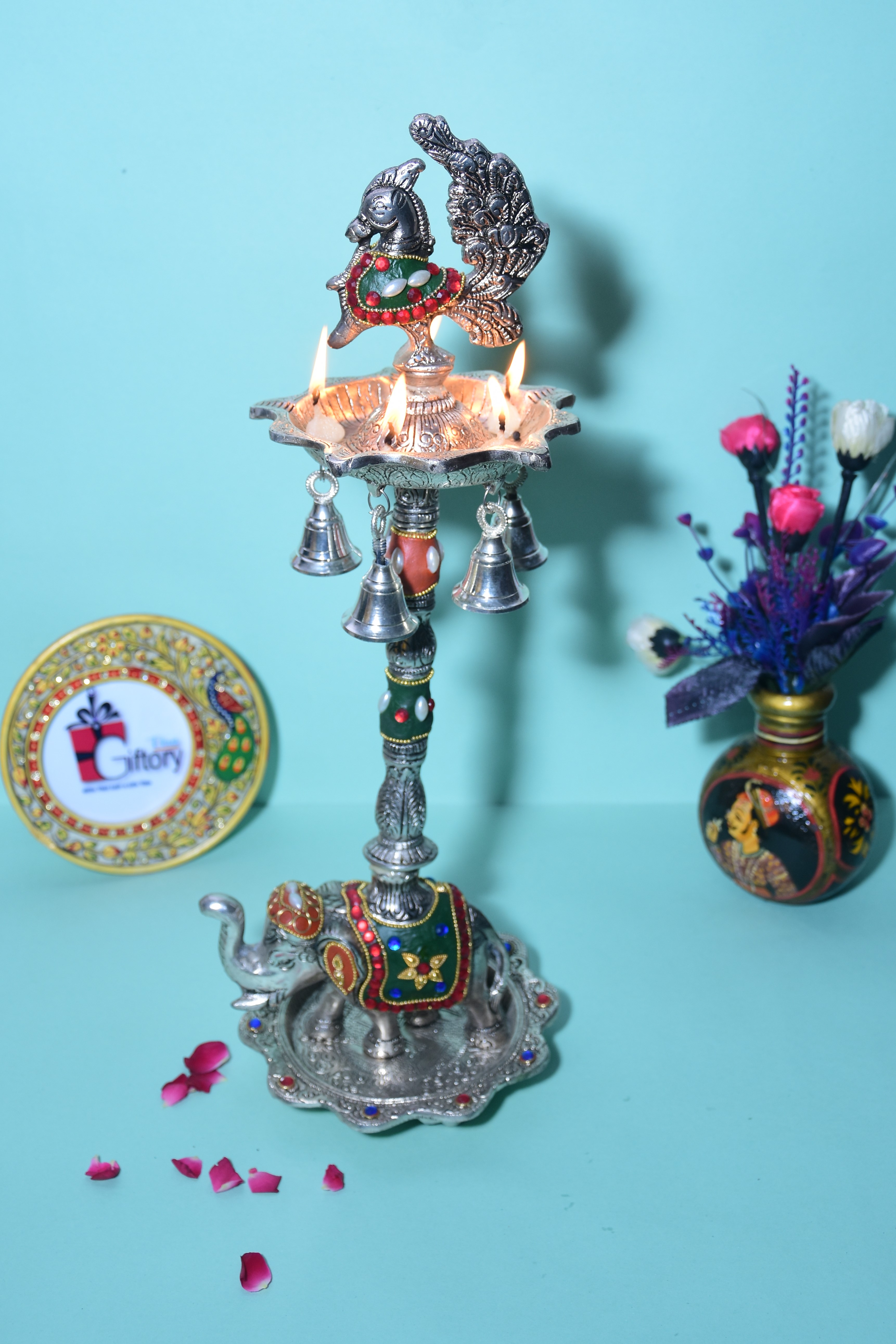 Peacock Multicolor Color (Diya Stand) with Base Elephant for Decoration & Gifts
