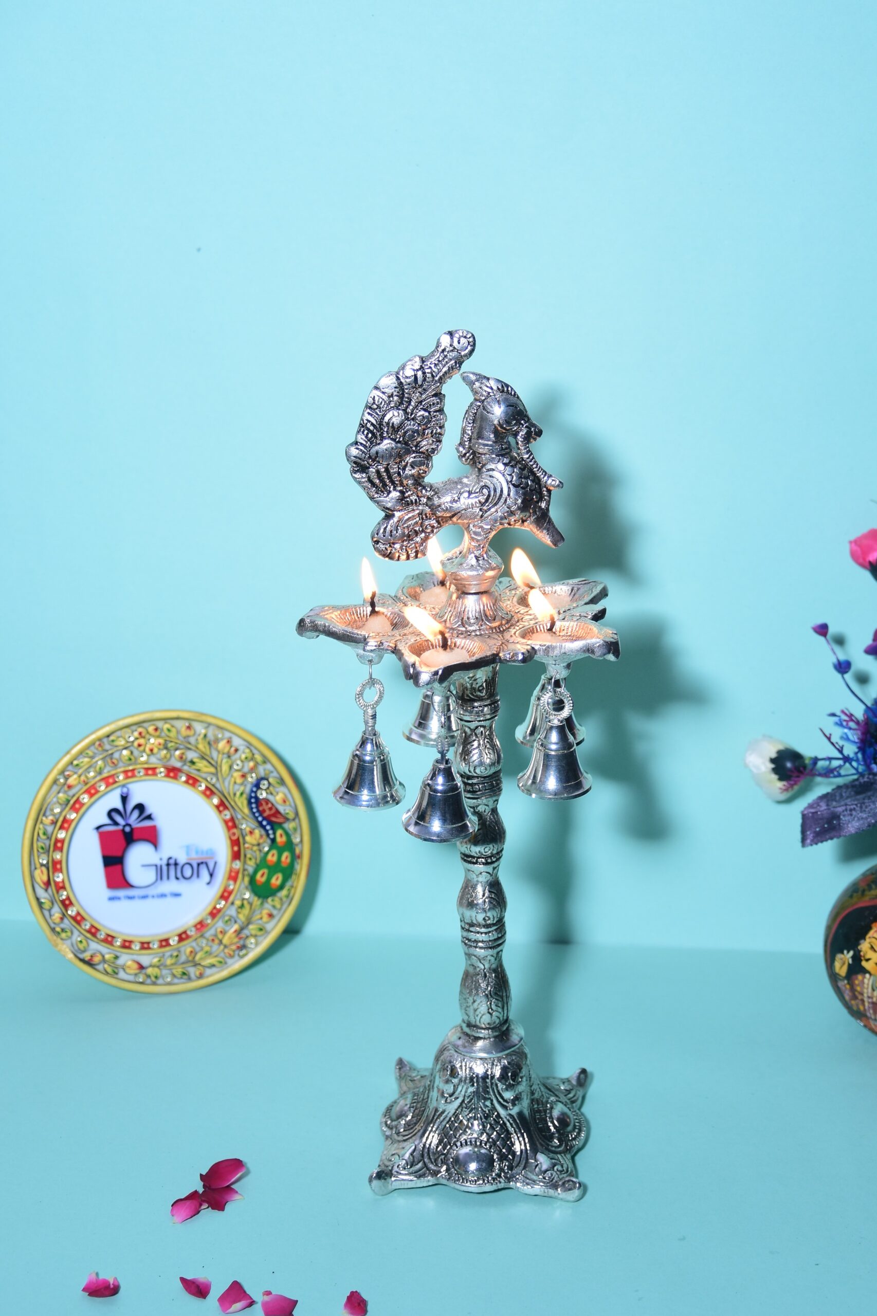 Peacock Silver Color (Diya Stand) with Base for Decoration & Gifts
