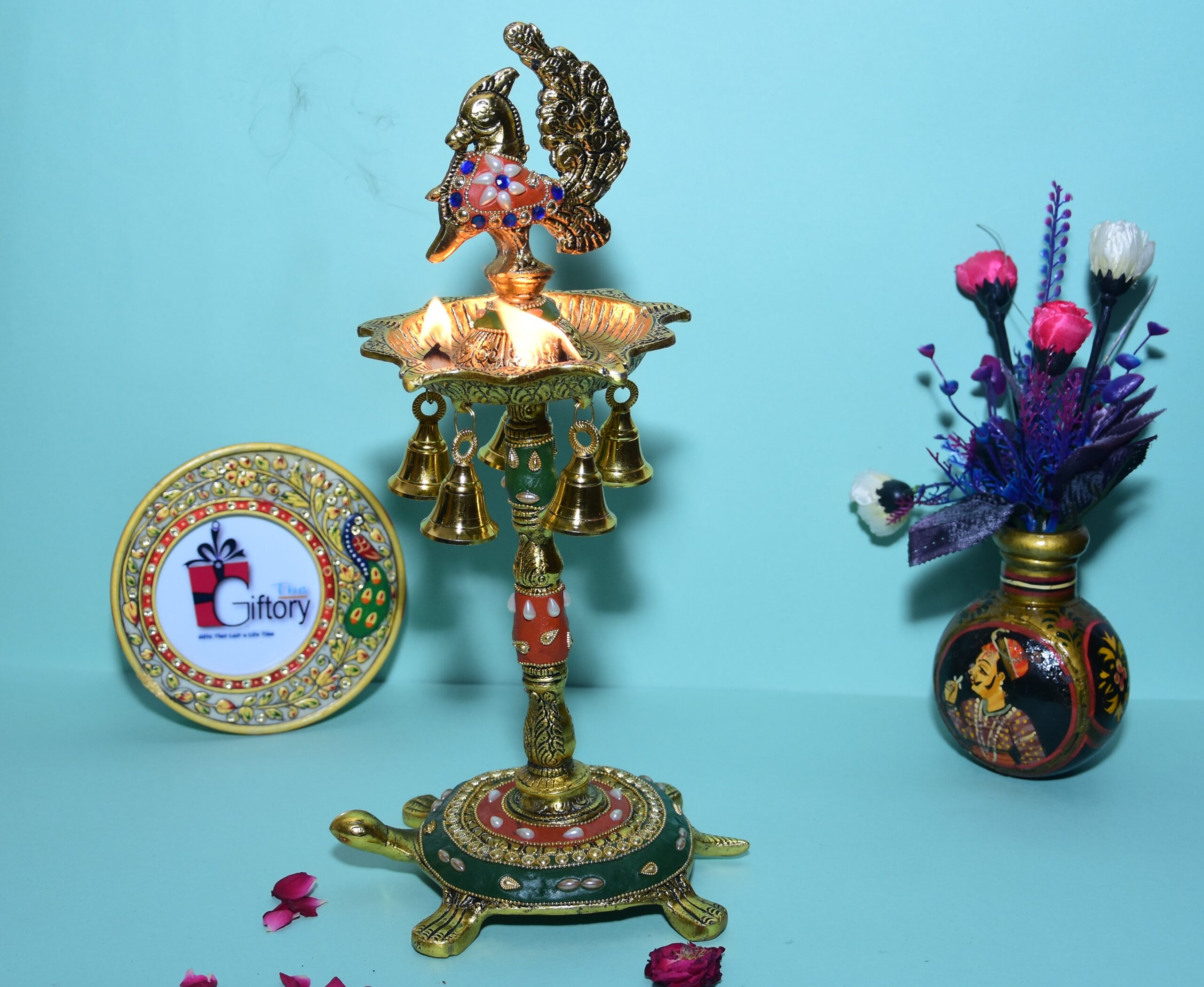 Muticoloured Metal Peacock Lamp Set, For Decoration / Pooja with Tortoise base