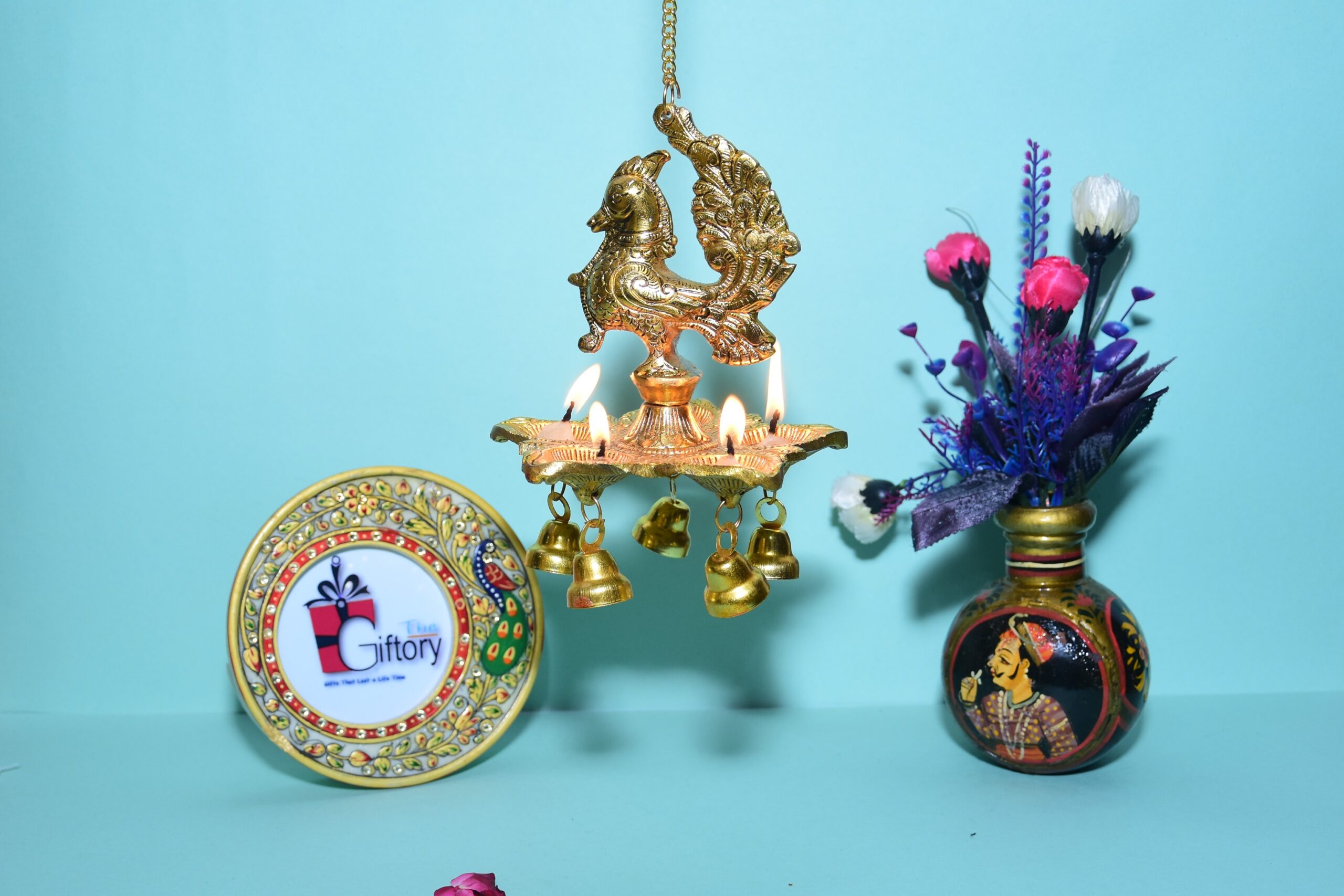 Hanging Antique Diya with Bells and Peacock | Brass Hanging (Latkan) Lamp (Diya) with Chain