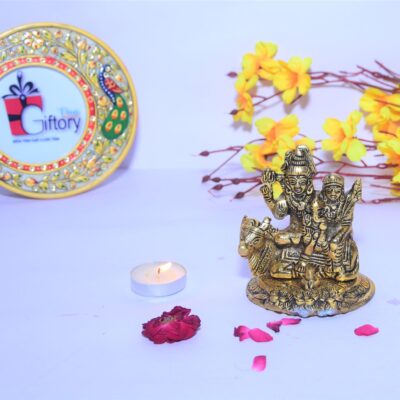 Golden Color Metal Murti of Shiv Parivar Sitting on Nandi