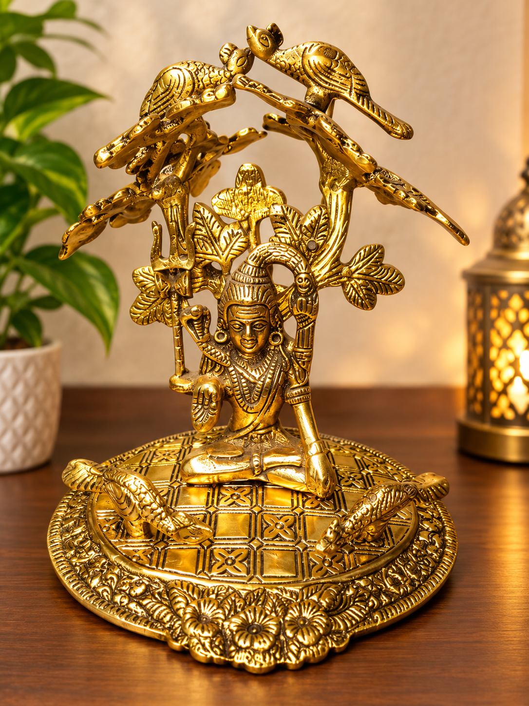Pure Brass Finish Lord Shiva Meditating under Kalpavriksha Tree Statue - Antique Gold Mahadev Murti with Trishul and Birds for Home Mandir Pooja, Vastu & Festive Gifting By The Giftory