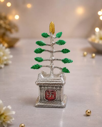 Handcrafted Silver Metal Tulsi Plant Vrindavan Showpiece with Swastik Design for Home Temple Pooja Mandir Decor & Gifting