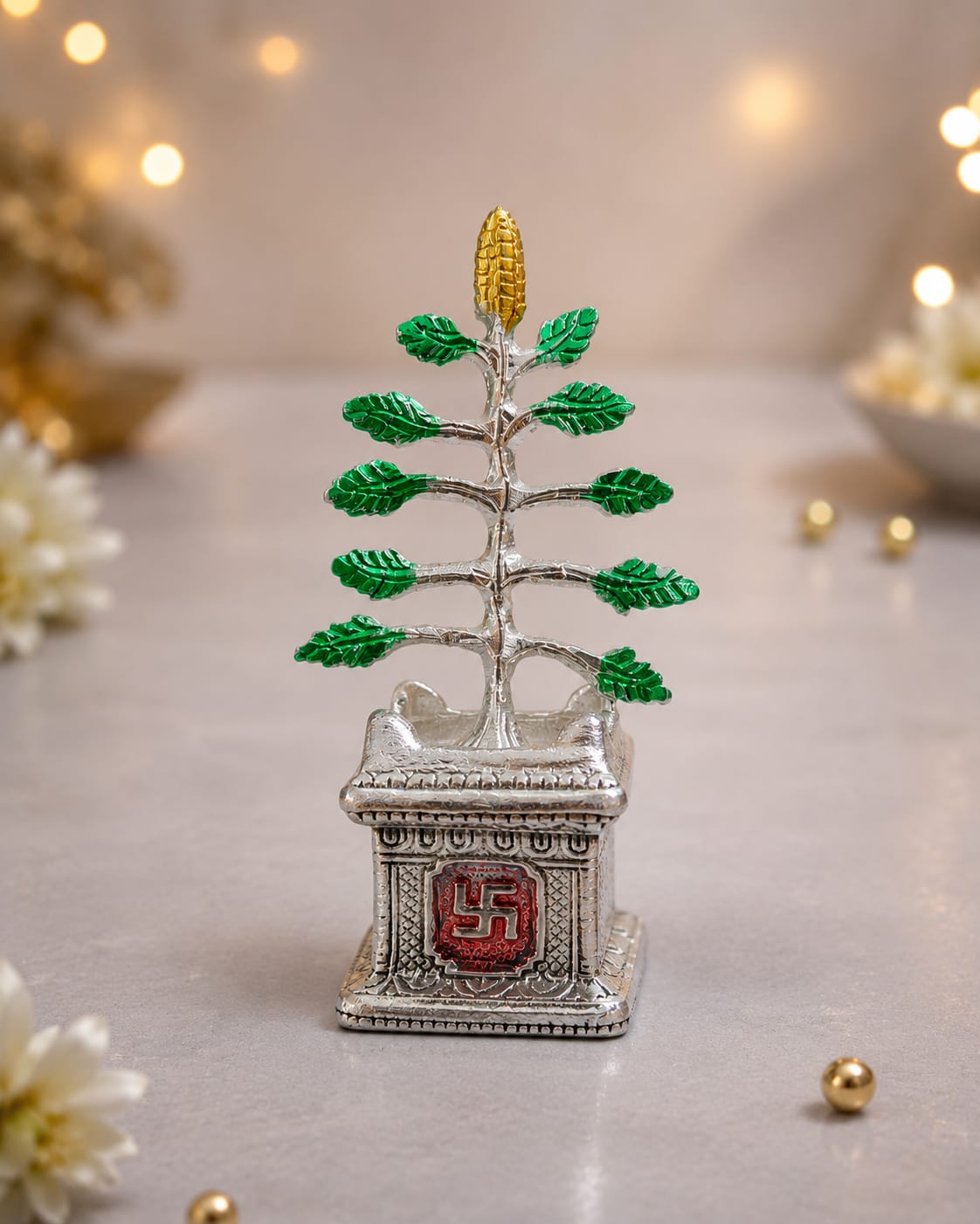 Handcrafted Silver Metal Tulsi Plant Vrindavan Showpiece with Swastik Design for Home Temple Pooja Mandir Decor & Gifting