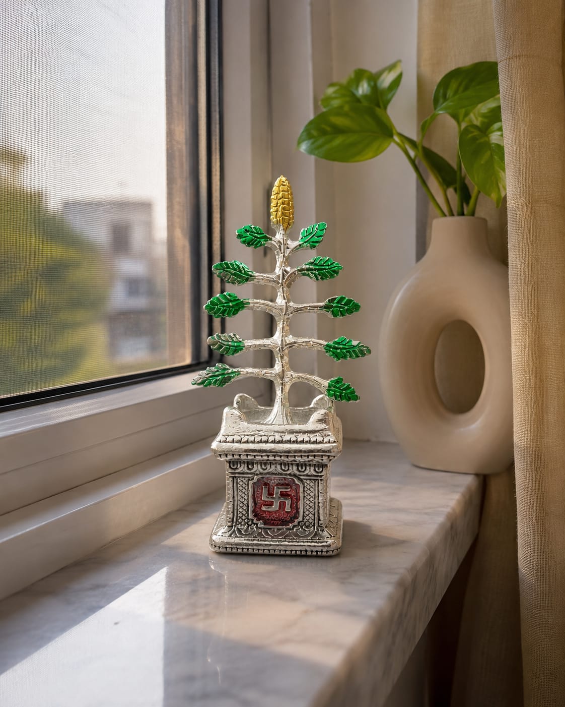 Handcrafted Silver Metal Tulsi Plant Vrindavan Showpiece with Swastik Design for Home Temple Pooja Mandir Decor & Gifting - Image 2