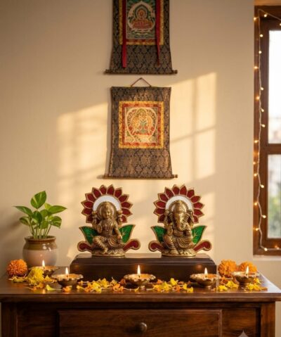 Premium Antique Metal Laxmi Ganesh Idol Set with Decorative Sunflower Backdrop for Home Temple Pooja Mandir Decor, Diwali Pooja & Gifting