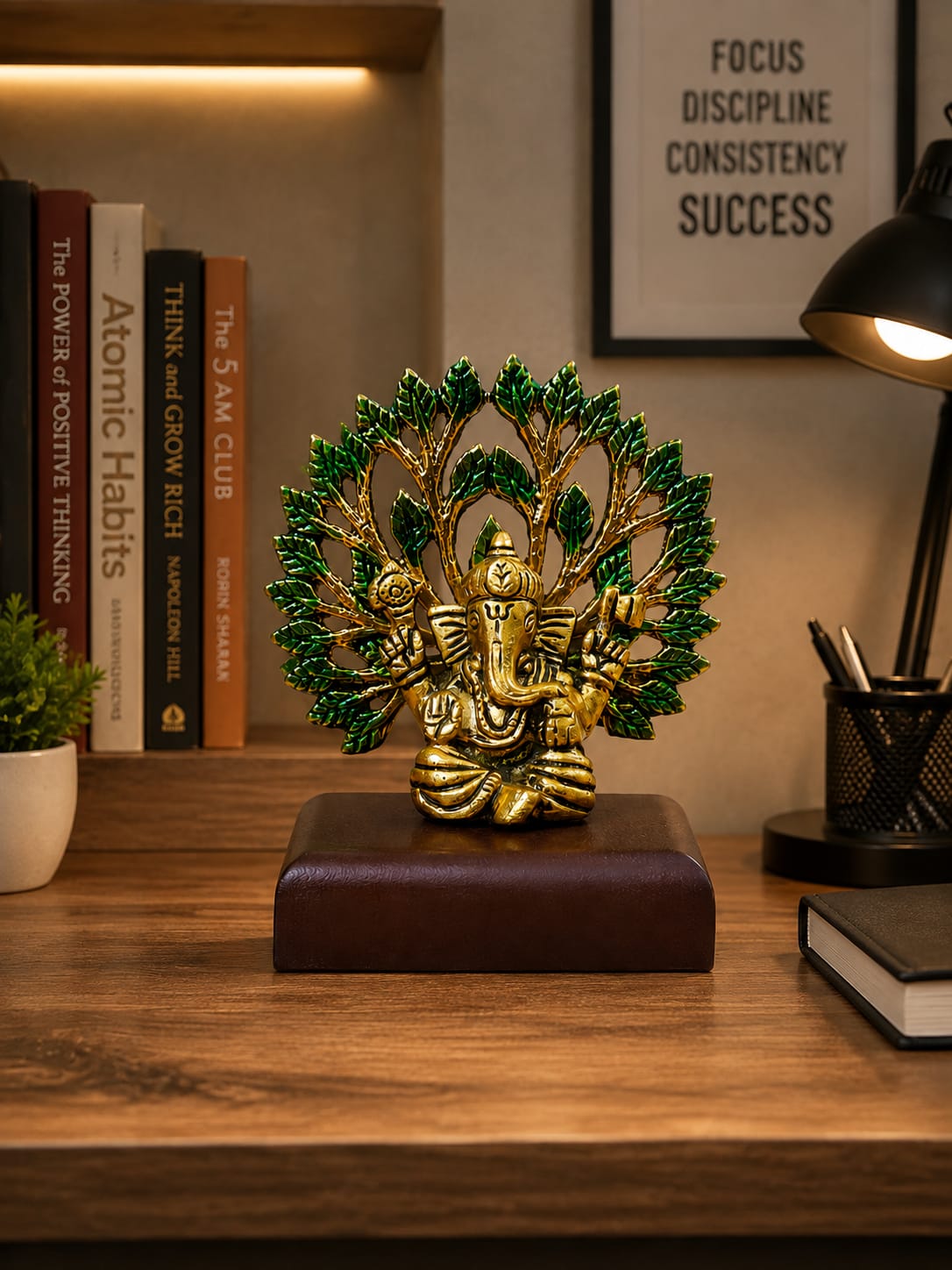 Handcrafted Golden Metal Lord Ganesha on Tree Idol with Wooden Base for Home Temple Mandir Decor, Car Dashboard & Gifting - Image 2