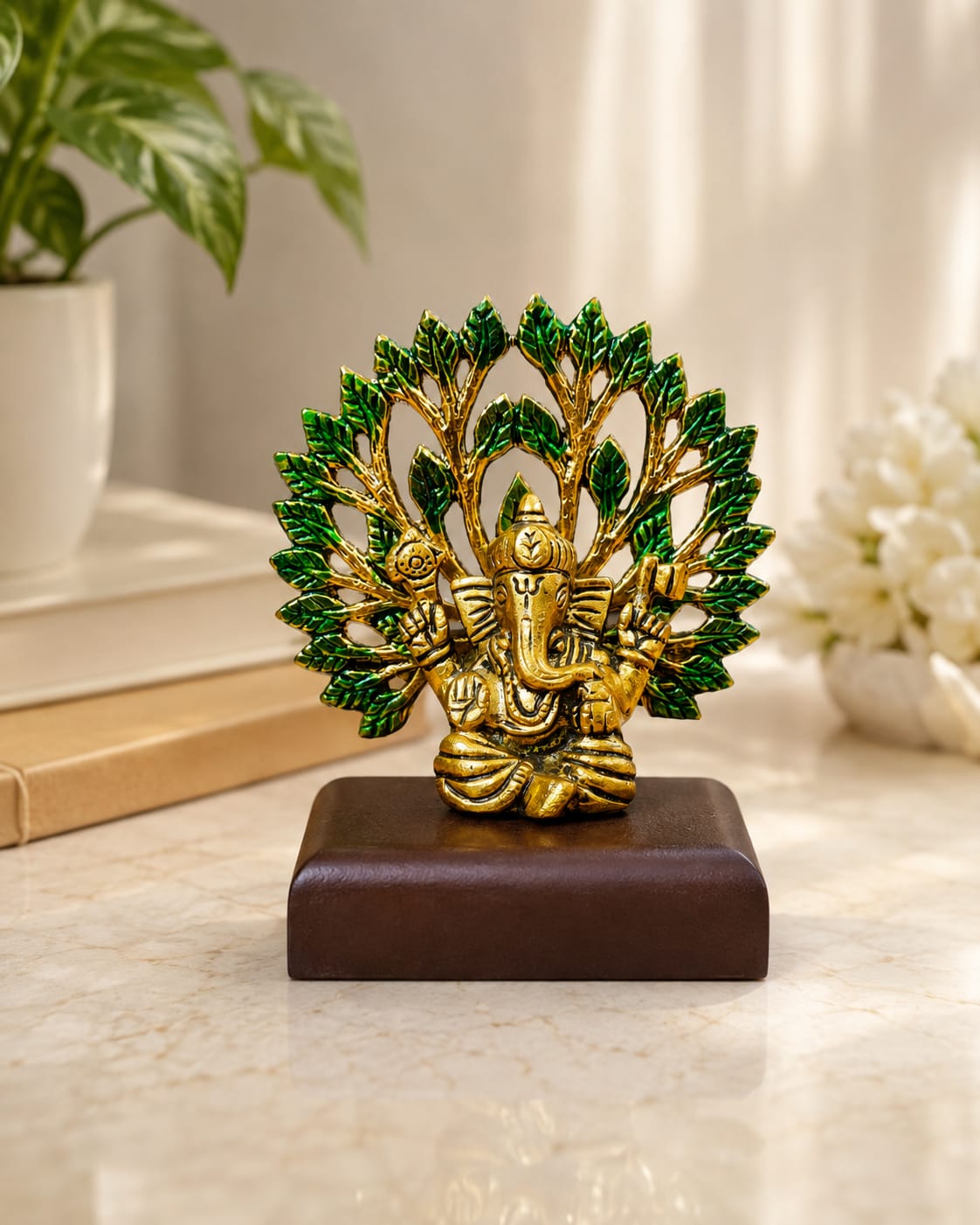 Handcrafted Golden Metal Lord Ganesha on Tree Idol with Wooden Base for Home Temple Mandir Decor, Car Dashboard & Gifting - Image 3