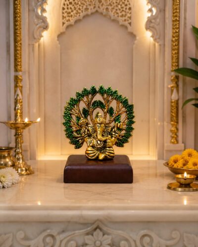 Handcrafted Golden Metal Lord Ganesha on Tree Idol with Wooden Base for Home Temple Mandir Decor, Car Dashboard & Gifting