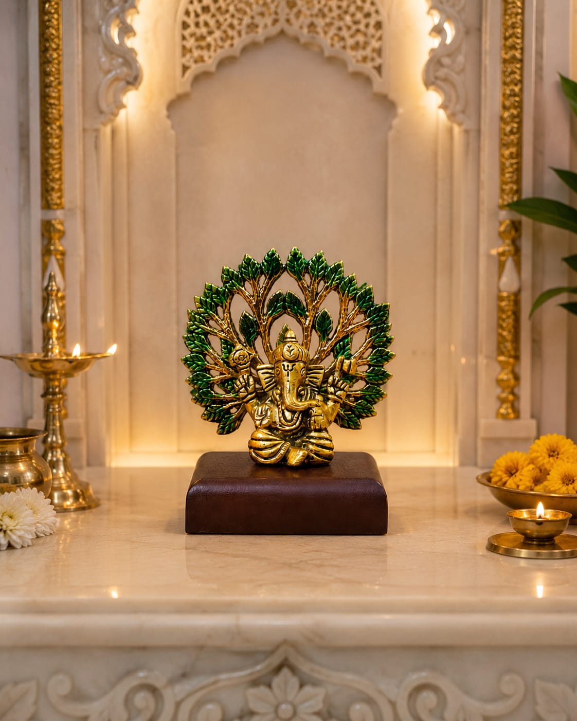Handcrafted Golden Metal Lord Ganesha on Tree Idol with Wooden Base for Home Temple Mandir Decor, Car Dashboard & Gifting