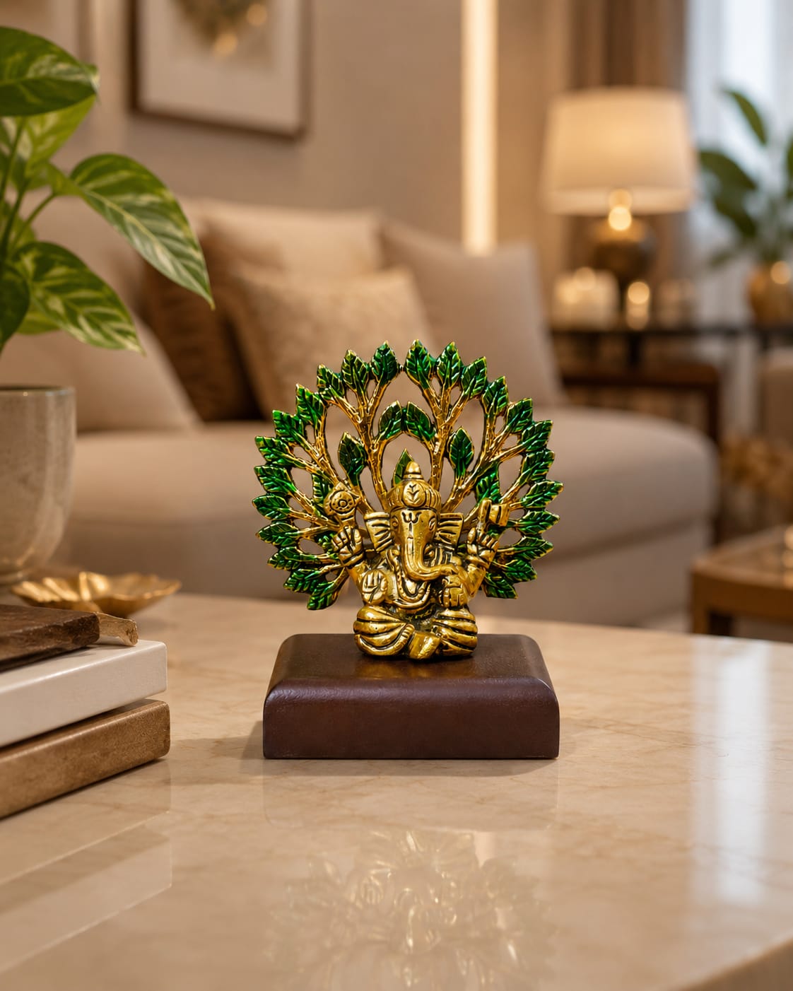 Handcrafted Golden Metal Lord Ganesha on Tree Idol with Wooden Base for Home Temple Mandir Decor, Car Dashboard & Gifting - Image 4