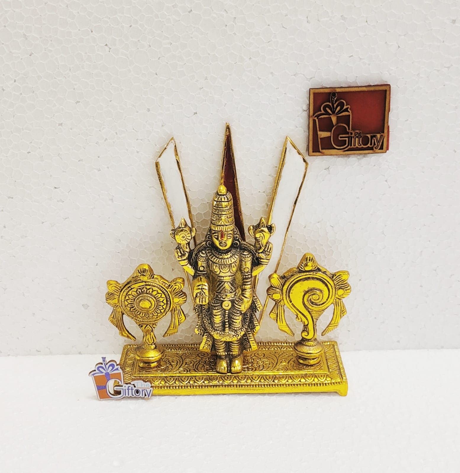 Premium Antique Gold Metal Tirupati Balaji Idol with Sudarshan Chakra and Shankh Stand for Home Temple Pooja Mandir Decor & Gifting (Pack of 1) By The Giftory