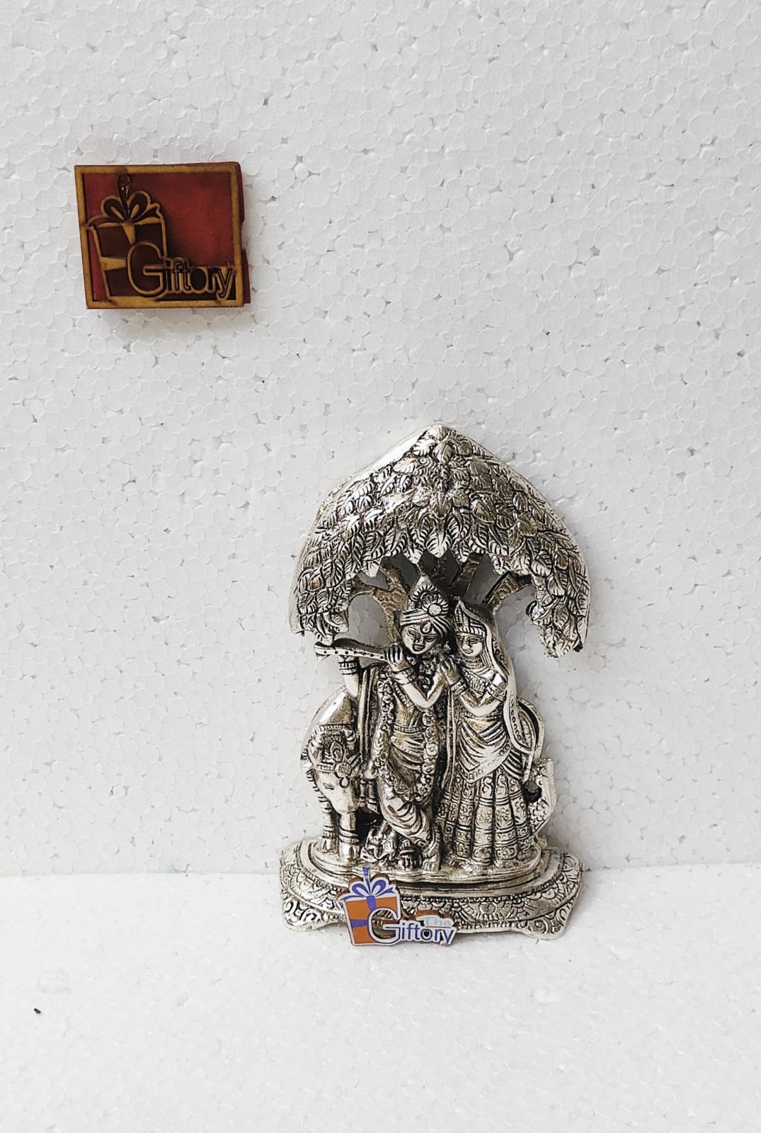 Premium Oxidized Silver Metal Radha Krishna with Cow under Tree Idol for Home Temple Pooja Mandir Decor & Spiritual Gifting (Pack of 1) The Giftory