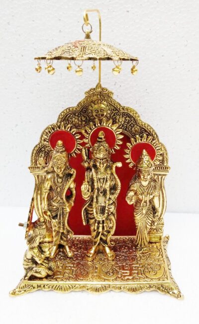 Premium Antique Gold Metal Ram Darbar Idol with Decorative Prabhavali Arch and Hanging Umbrella Chatri for Home Temple Pooja Mandir Decor & Gifting By The Giftory