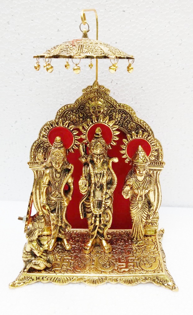 Premium Antique Gold Metal Ram Darbar Idol with Decorative Prabhavali Arch and Hanging Umbrella Chatri for Home Temple Pooja Mandir Decor & Gifting By The Giftory