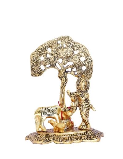 Premium Antique Gold Metal Lord Krishna with Kamdhenu Cow under Kalpavriksha Tree Idol for Home Temple Mandir Decor & Gifting (Pack of 1) By The Giftory