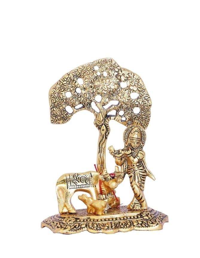 Premium Antique Gold Metal Lord Krishna with Kamdhenu Cow under Kalpavriksha Tree Idol for Home Temple Mandir Decor & Gifting (Pack of 1) By The Giftory