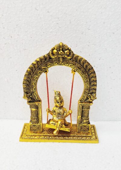 Premium Handcrafted Antique Gold Metal Laddu Gopal Jhula Idol for Home Temple Pooja Mandir Decor, Janmashtami Celebrations & Gifting (21 cm) By The Giftory