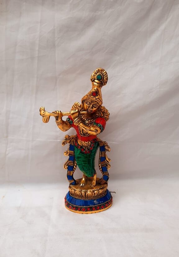 Premium Handcrafted Brass Metal Lord Krishna Flute Playing Idol with Colorful Mosaic Stone Work for Home Temple Pooja Mandir Decor & Gifting (Pack of 1) By The Giftory