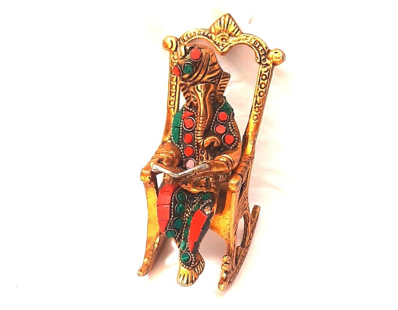 Premium Golden Metal Reading Ganesha on Rocking Chair Statue - Traditional Antique Gold Blessing Ganpati Murti with Colorful Meenakari Bead Work for Home Decor, Office Desk & Festive Gifting By The Giftory